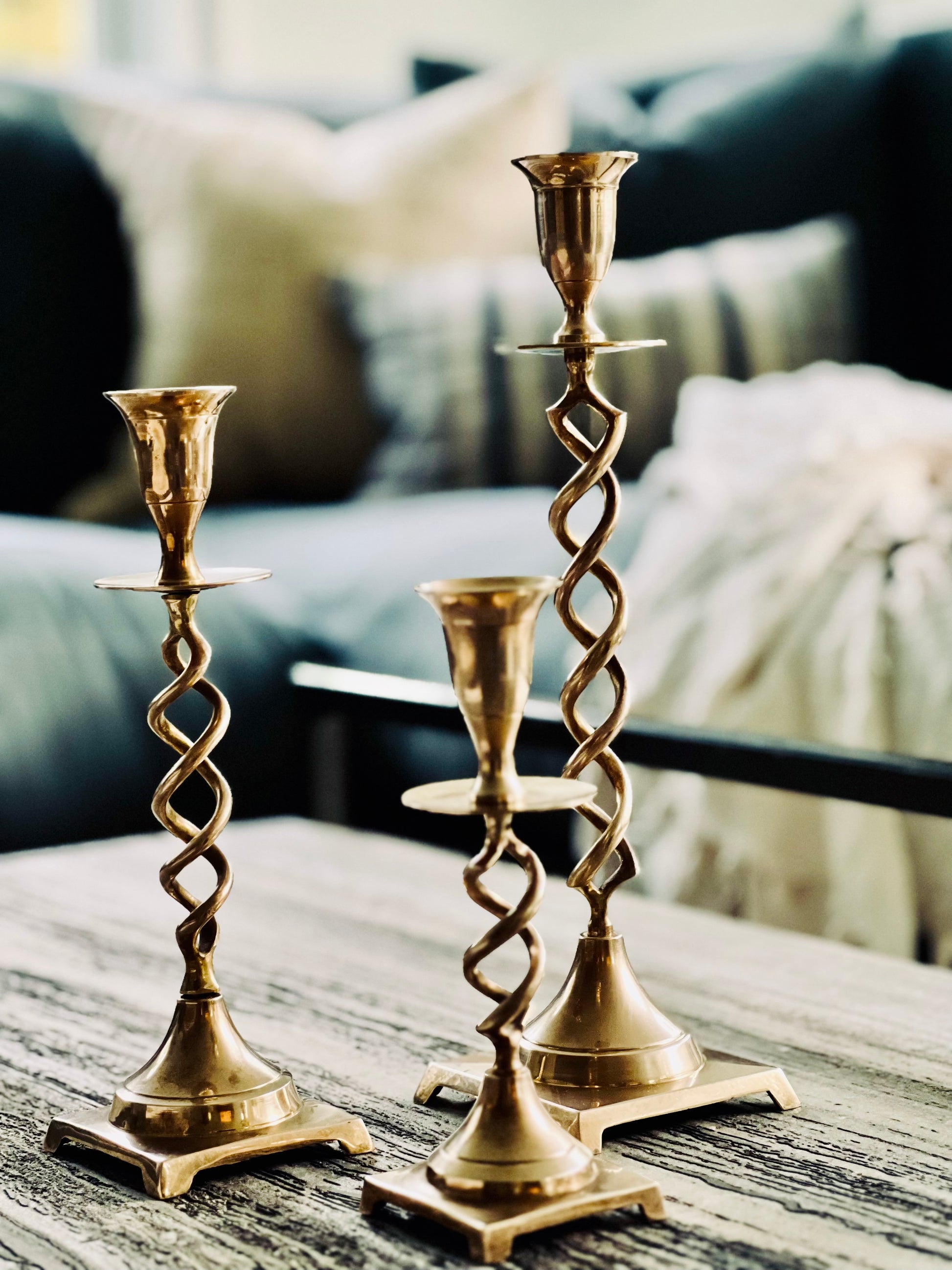 Pair of Brass Open Twist Tall Candlesticks - Pair of Brass Open