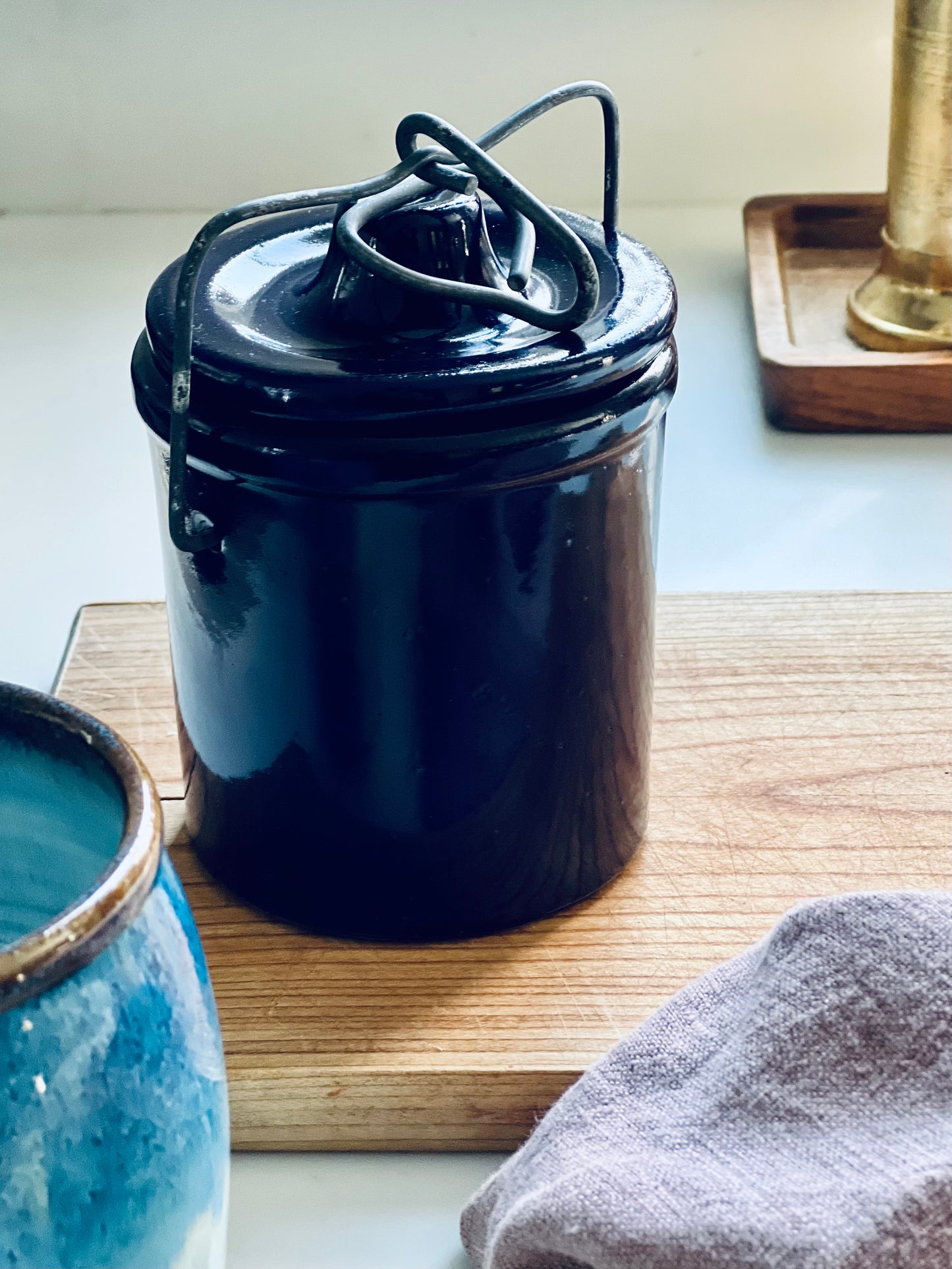 Vintage Blue Stoneware Crock with Locking Lid