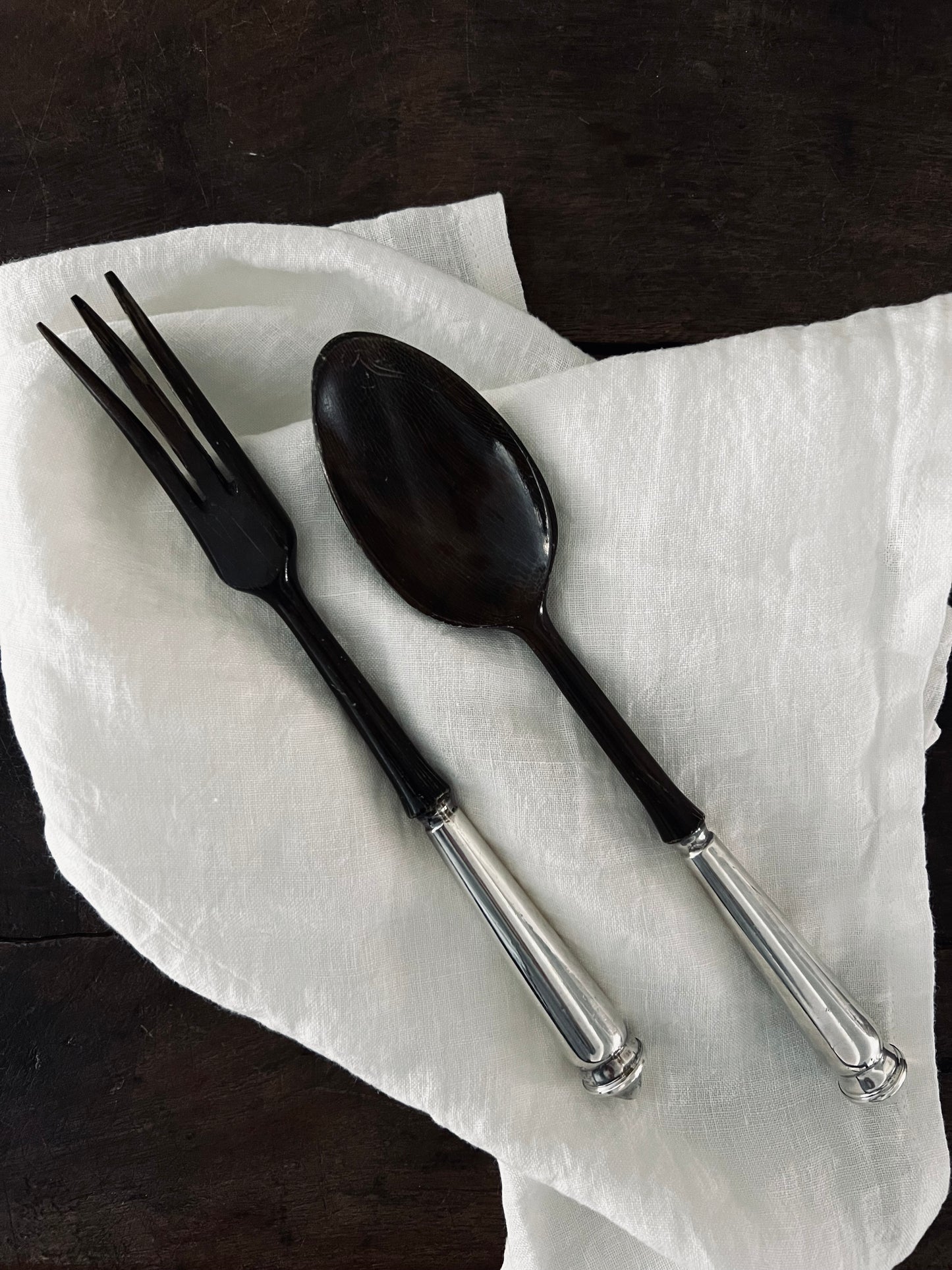 Mid-Century French Sterling & Walnut Salad Servers